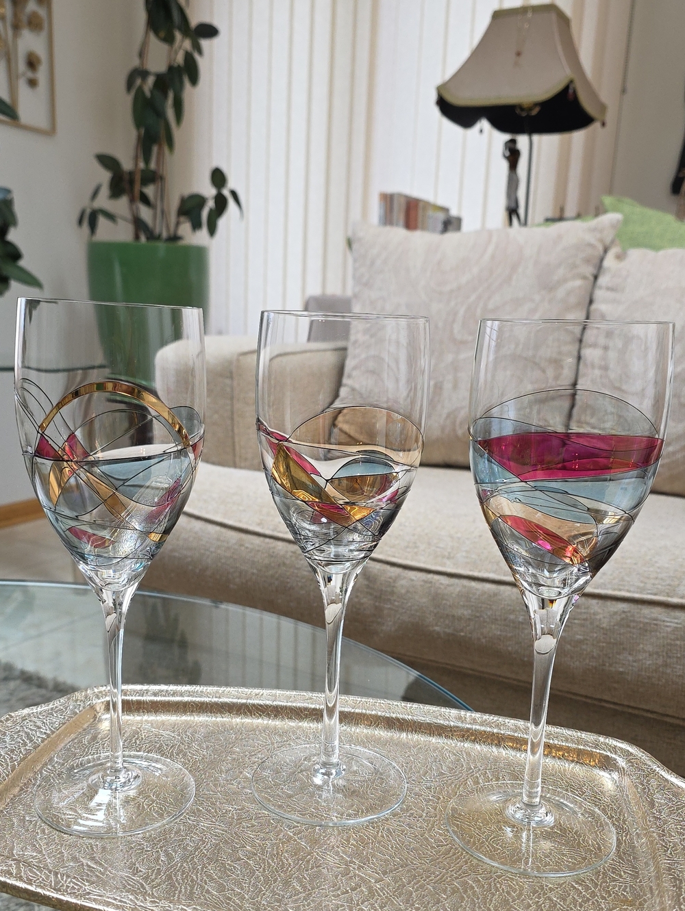 Gorgeous Colorful Hand-Painted Decorative Tall Wine Goblets Set Of 3